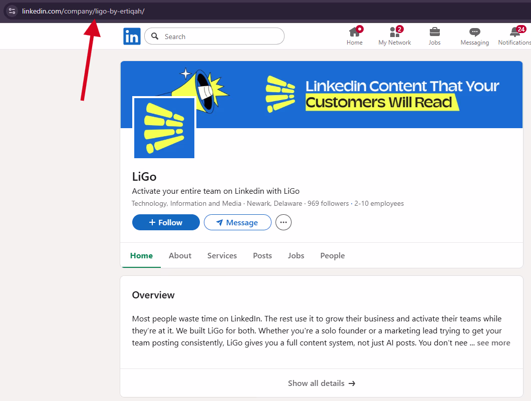 Annotated screenshot of the LiGo LinkedIn company page showing the custom slug that sits after linkedin.com/company/