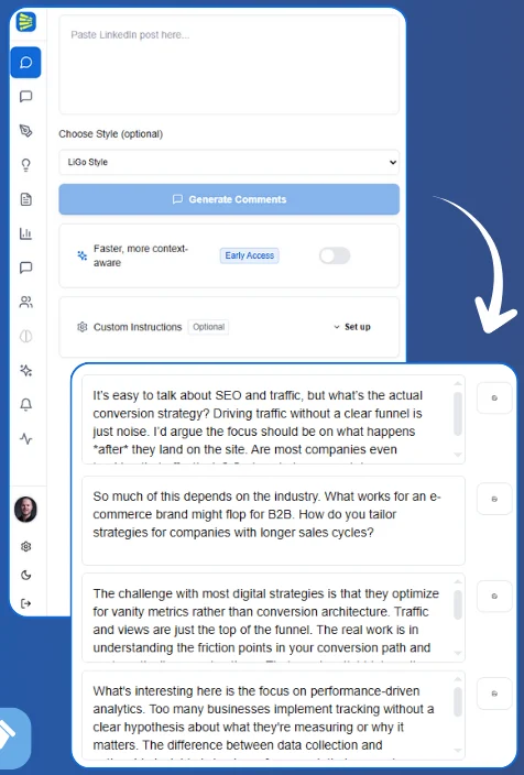 LigoSocial Chrome extension comment panel with a pasted LinkedIn post, the Choose Style menu, the Generate Comments button and four generated comment drafts