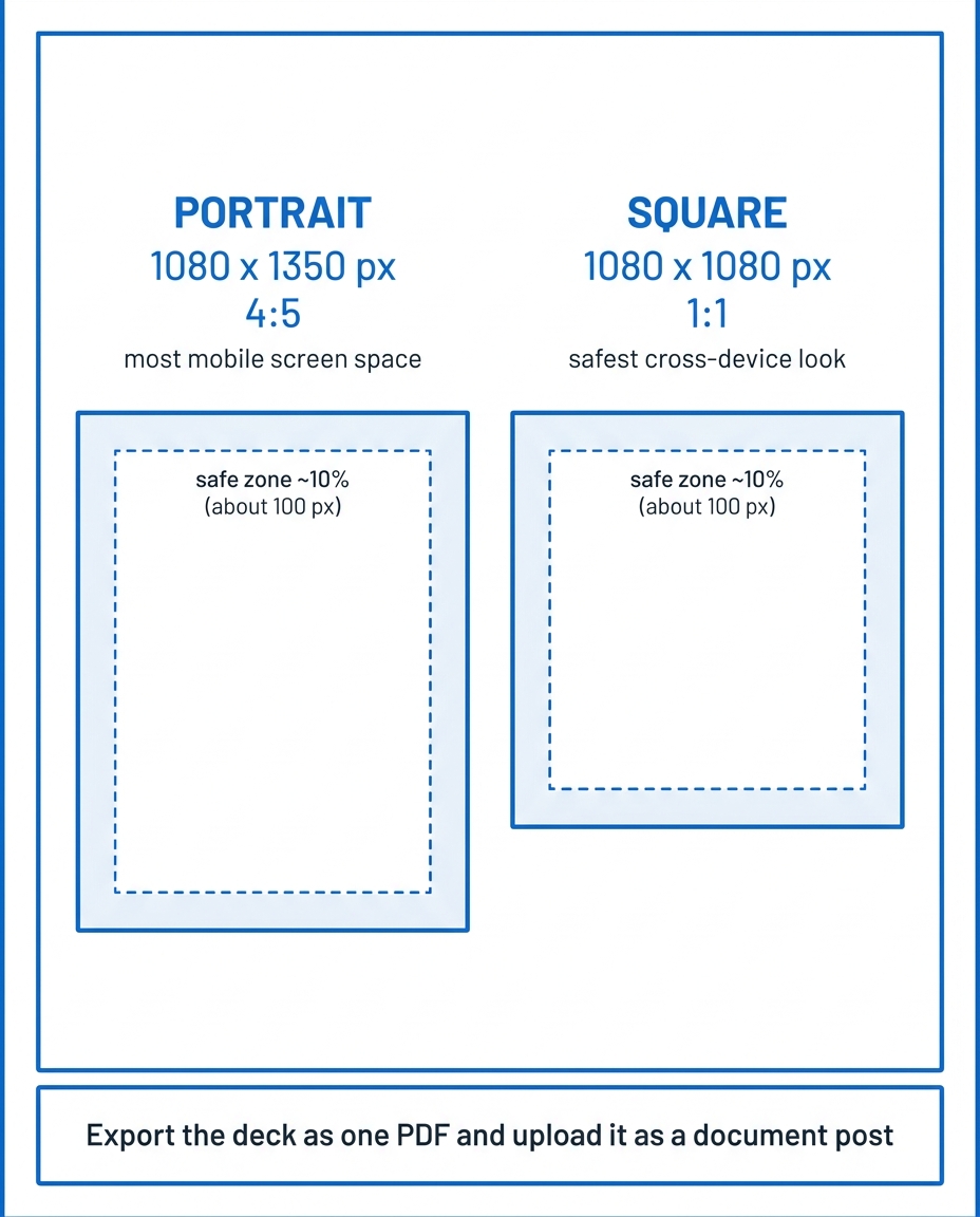 LigoSocial infographic cheat sheet of LinkedIn carousel dimensions 1080x1350 portrait and 1080x1080 square with safe margins