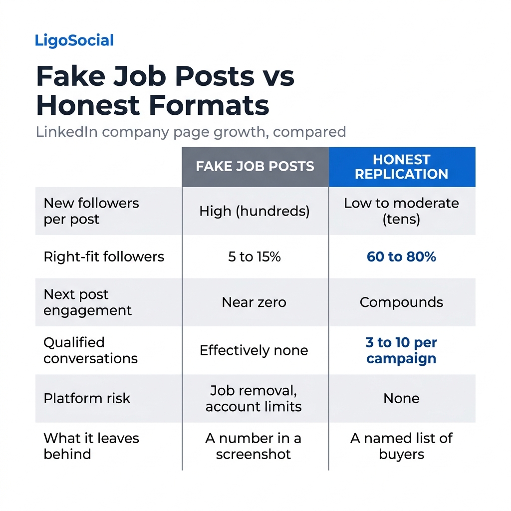 LigoSocial infographic comparing fake job posts against honest LinkedIn company page formats across followers, right-fit percentage, engagement, qualified conversations, platform risk, and what each leaves behind