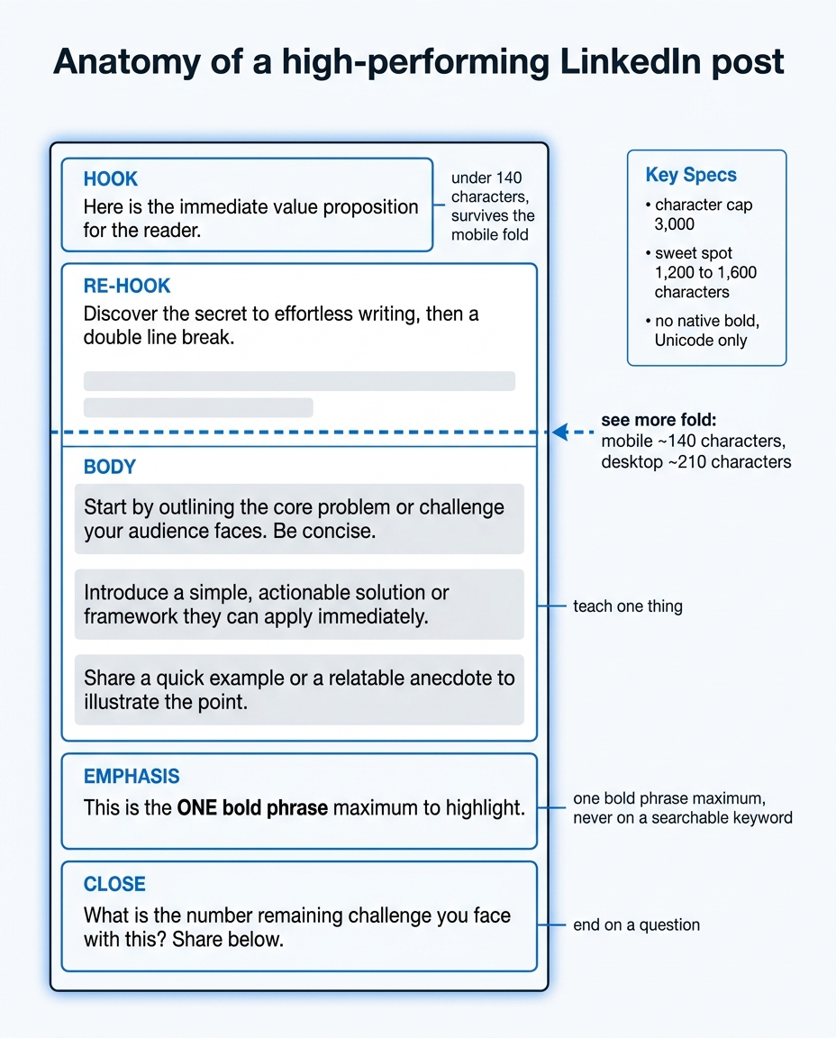 LigoSocial infographic showing the anatomy of a high-performing LinkedIn post, with the hook, re-hook, the mobile see-more fold at 140 characters, body blocks, one bold phrase, and a closing question