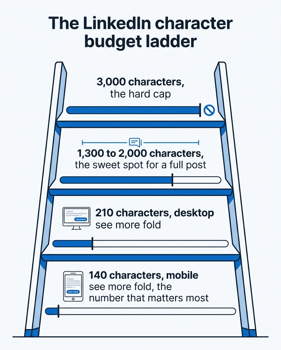 LigoSocial infographic showing the LinkedIn post character budget ladder from the 140-character mobile fold to the 3,000-character hard cap