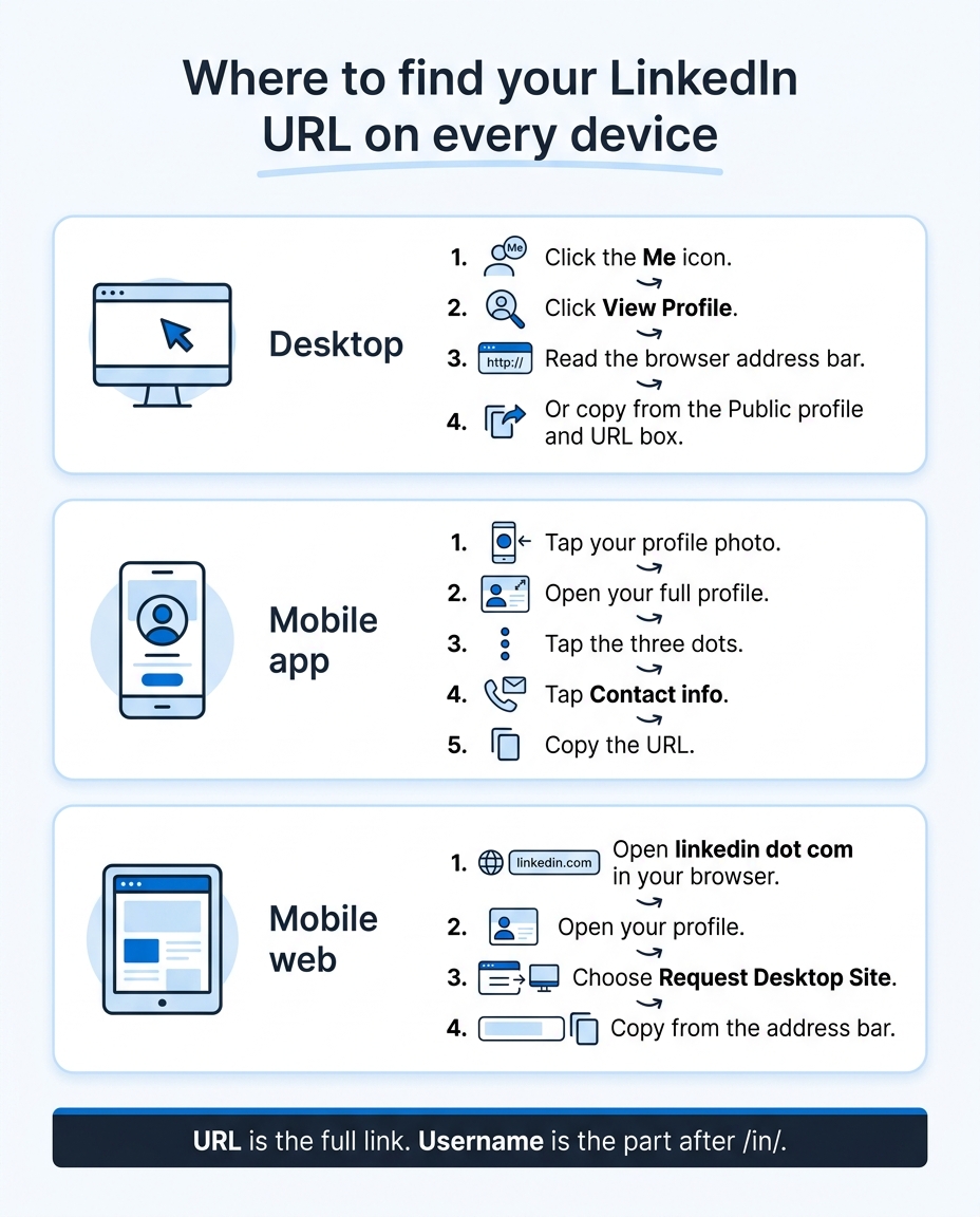 LigoSocial infographic showing where to find your LinkedIn URL and username on desktop, the mobile app, and mobile web