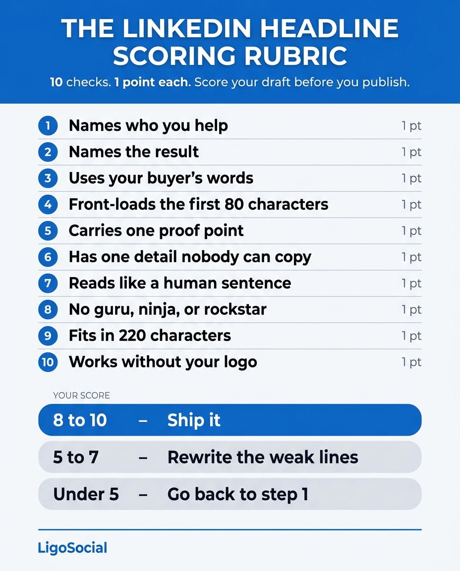 LinkedIn headline scoring rubric infographic listing the ten checks worth one point each, from naming who you help to fitting in 220 characters, with the score bands for shipping or rewriting