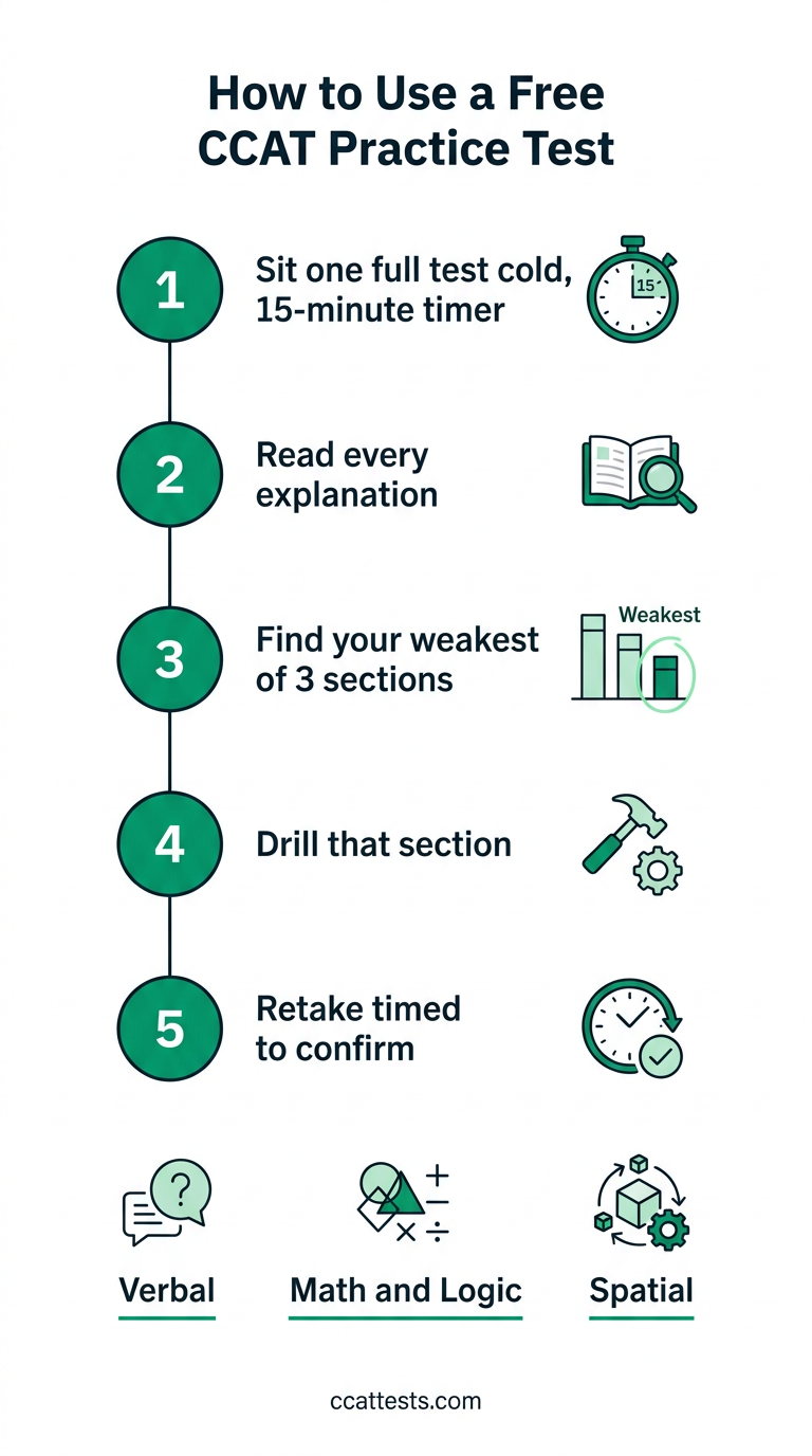 CCAT free practice test workflow: sit one timed 50-question 15-minute run cold, read every explanation, identify your weakest of three sections, drill that section, then take a second timed test to confirm improvement