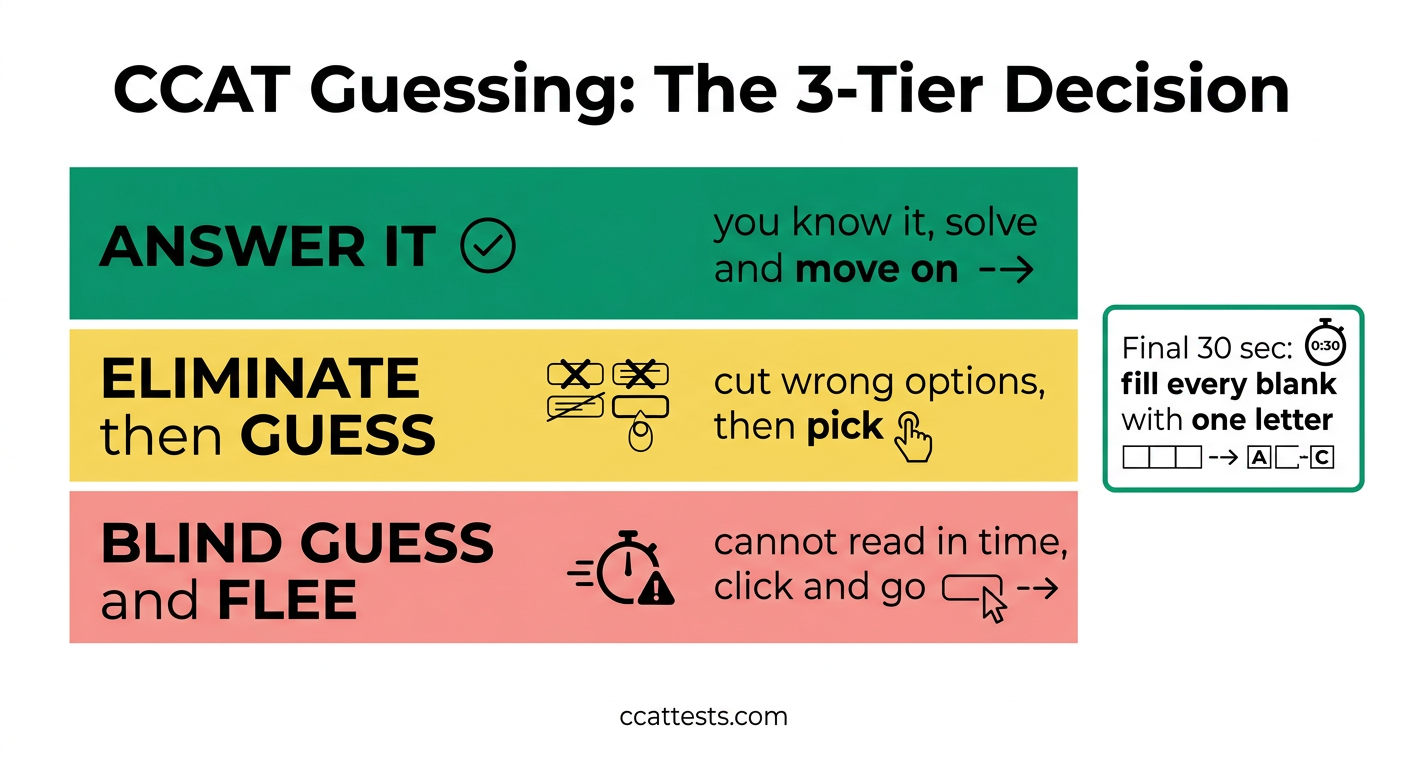 CCAT guessing three-tier decision framework: answer it, eliminate then guess, blind guess and flee