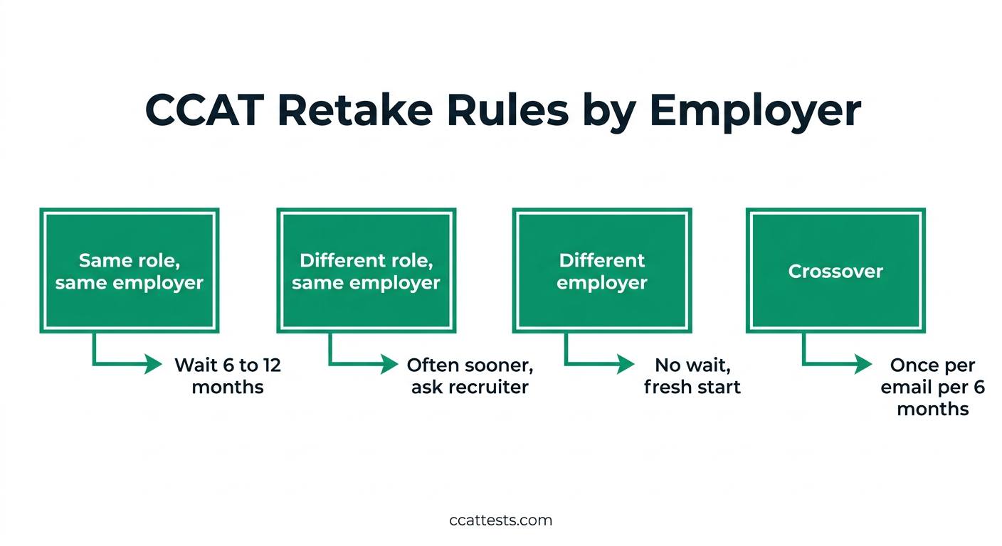 Flowchart showing CCAT retake rules: same role same employer waits six to twelve months, different role can retake sooner, different employer has no wait, Crossover allows one attempt per email per six months