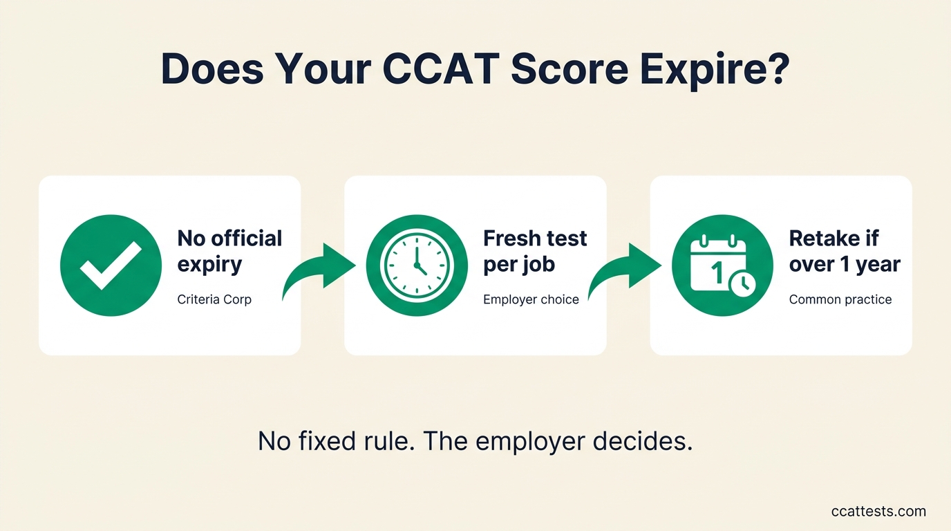 Flow infographic showing CCAT scores have no official expiry from Criteria Corp, employers often want a fresh test per job, and a common retake window of about one year