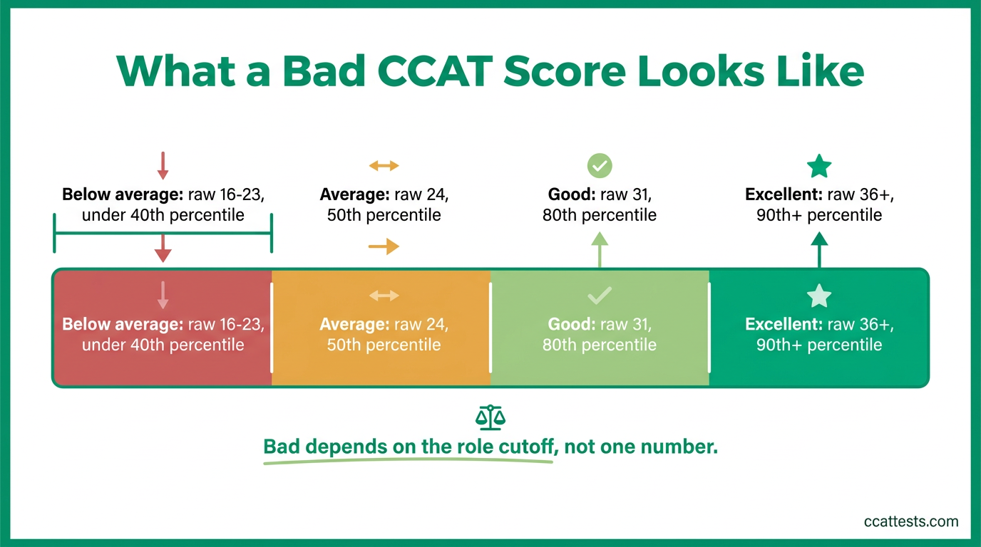 Infographic of CCAT raw score bands: below average 16-23, average 24, good 31, excellent 36 plus, with the note that a bad score depends on the role cutoff