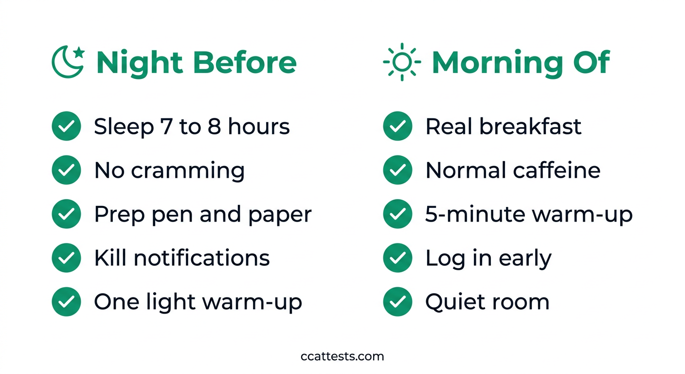 Two-panel checklist graphic: left panel Night Before with sleep 7 to 8 hours, no cramming, prep pen and paper, kill notifications, one light warm-up; right panel Morning Of with real breakfast, normal caffeine, five-minute warm-up, log in early, quiet room