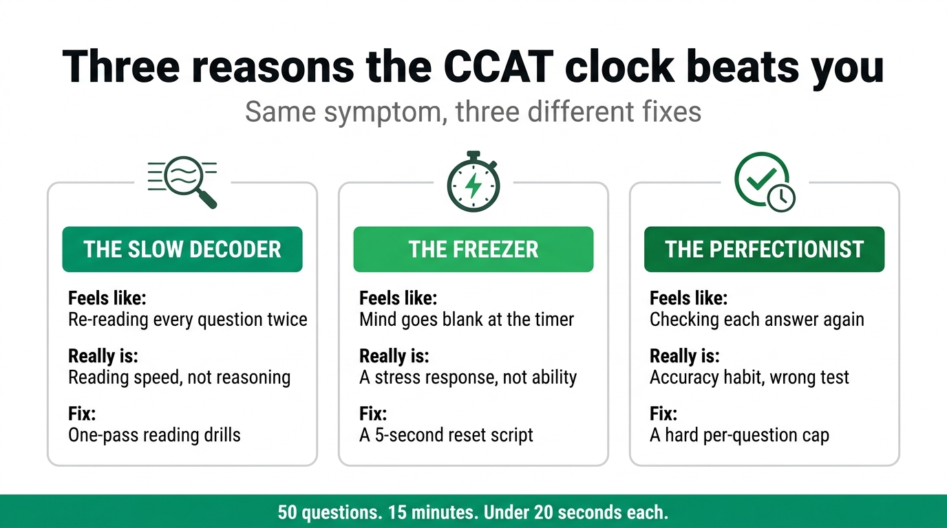 Three reasons the CCAT clock beats you: the slow decoder, the freezer, and the perfectionist, each with its real cause and its fix