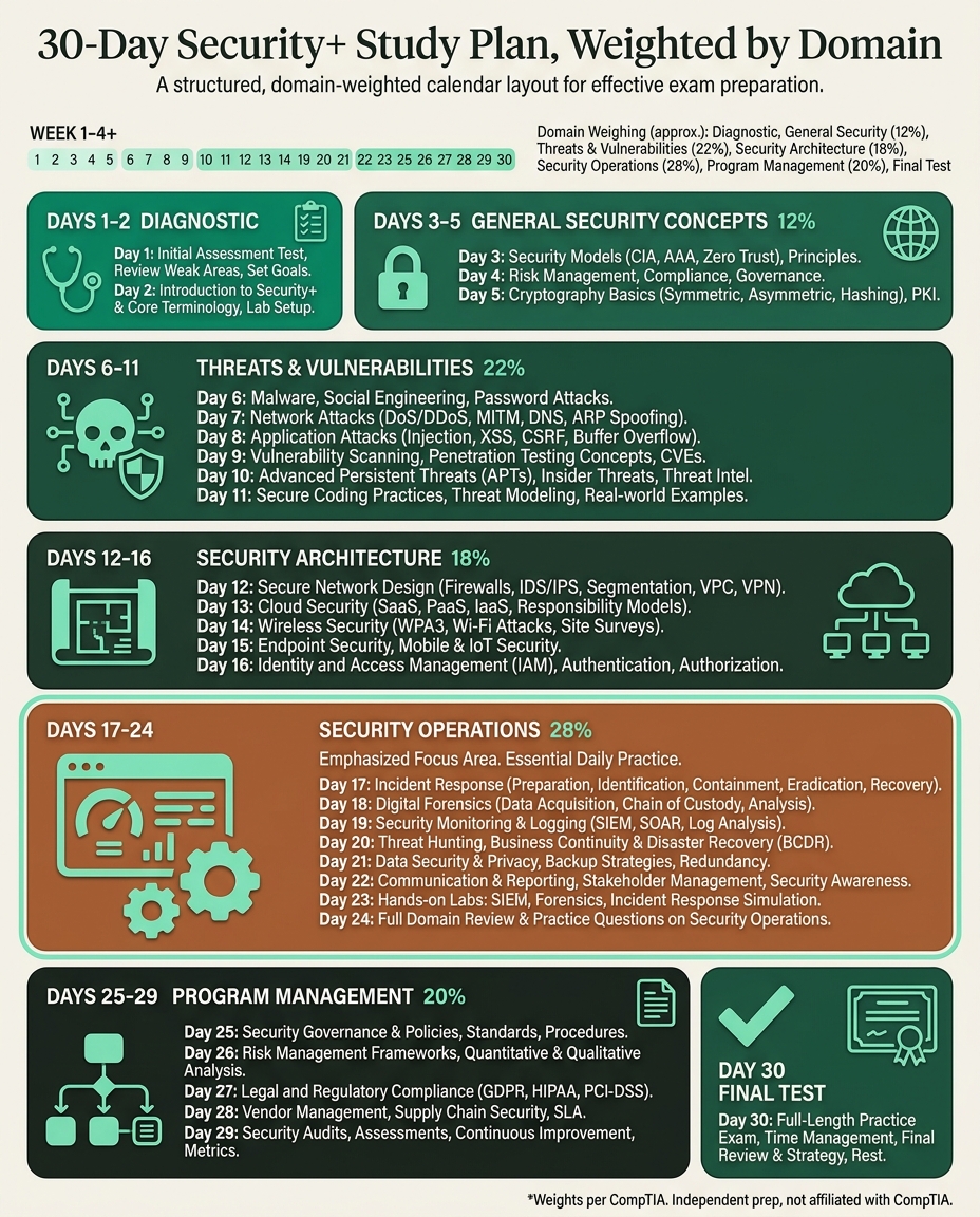 A 30-day Security+ SY0-701 study calendar with days allocated by domain weight, Security Operations getting the most days