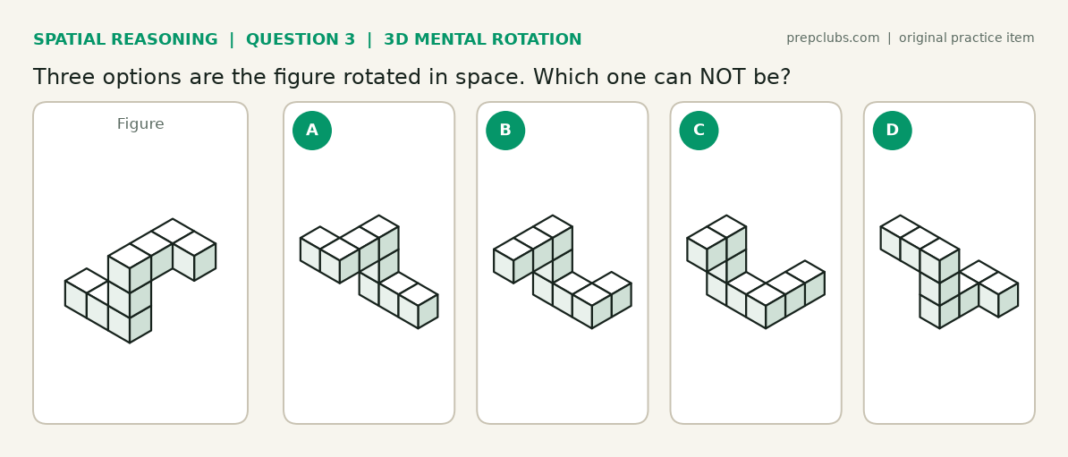 3D mental rotation question: a figure made of eight cubes and four rotated versions, one of which is a mirror image