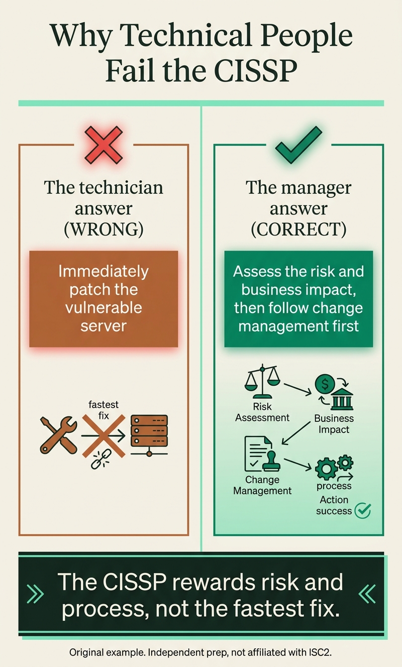Side-by-side of a wrong technical CISSP answer, immediately patch, versus the right managerial answer, assess risk and follow change management first