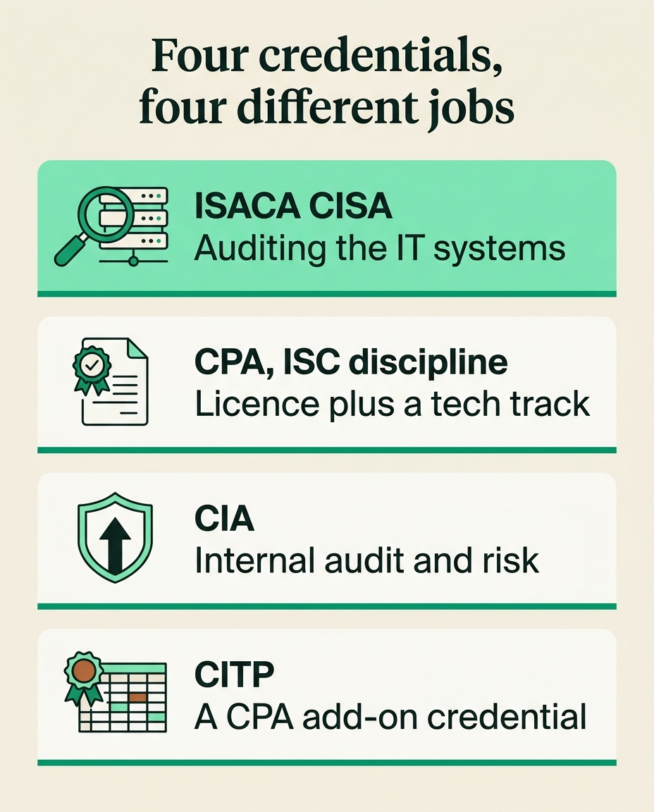 Comparison of four credentials for accounting and audit careers: ISACA CISA for auditing IT systems, the CPA with the ISC discipline, the CIA for internal audit and risk, and the CITP as a CPA add-on