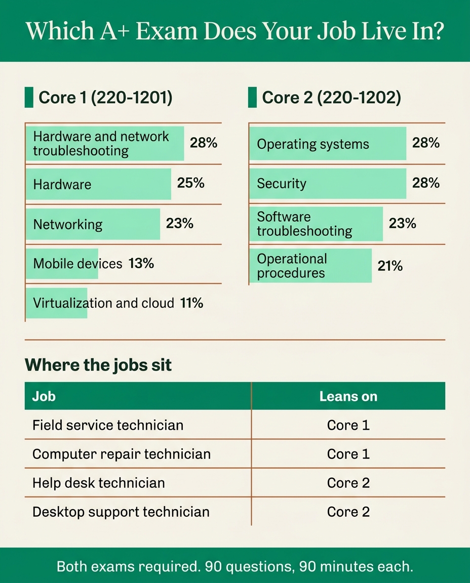 CompTIA A+ Ziele Infografik zeigt Core 1 220-1201 und Core 2 220-1202 Domänen-Gewichtungen und welche Einstiegs-IT-Jobs sich auf welche Prüfung stützen
