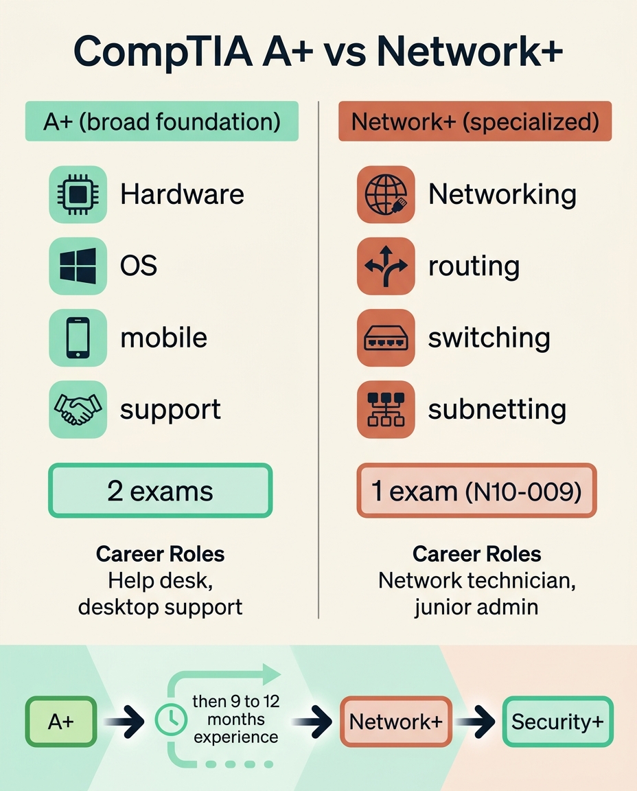 Infographic comparing CompTIA A+ and CompTIA Network+ N10-009 by focus area, number of exams, and target roles