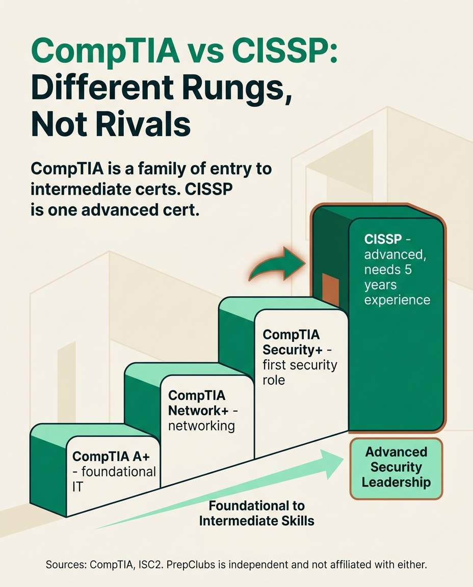 CompTIA and CISSP shown as different rungs of one IT security certification ladder