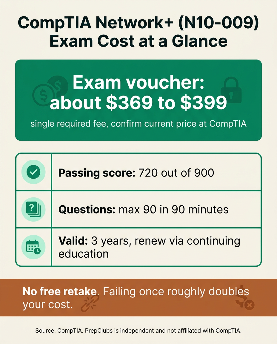 CompTIA Network+ N10-009 exam cost, passing score, and retake facts at a glance