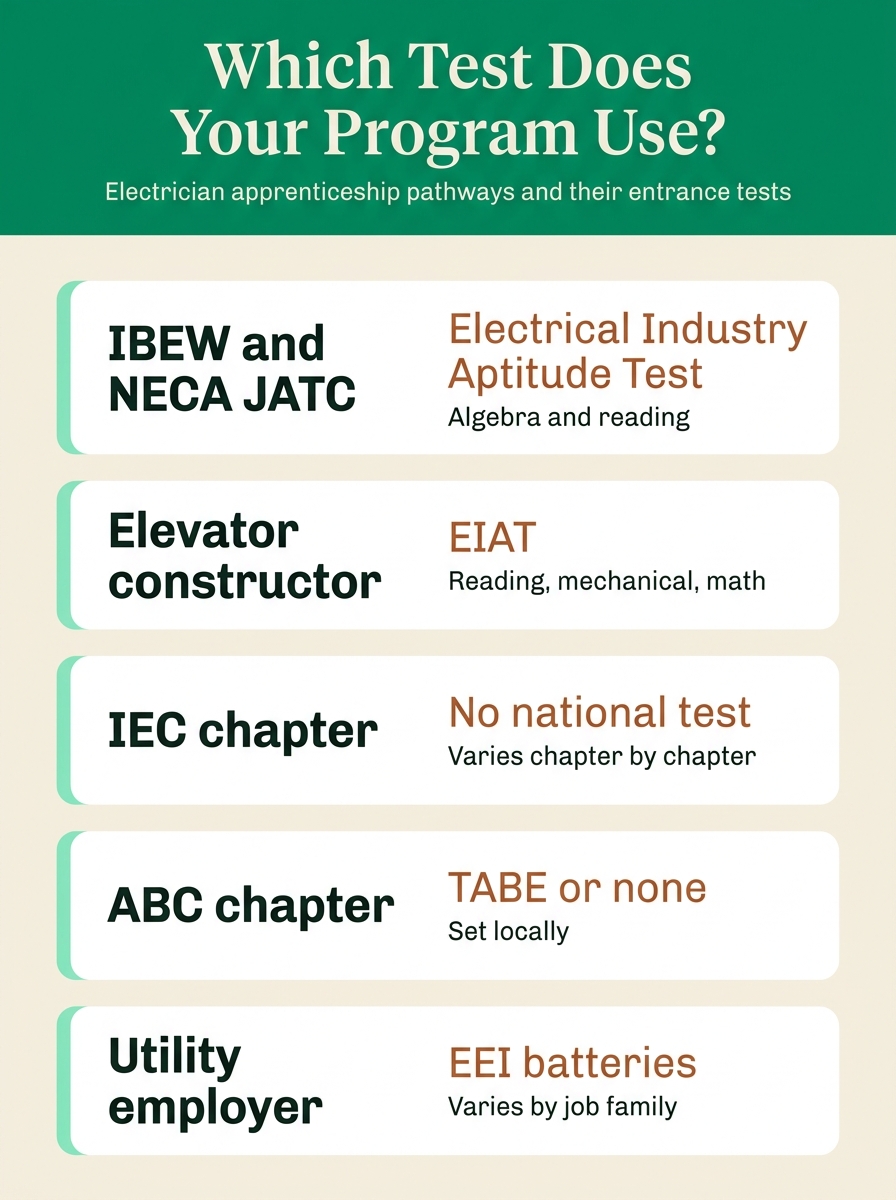 Electrician apprenticeship pathways and the entrance test each one uses, from the IBEW and NECA Electrical Industry Aptitude Test to the elevator industry EIAT