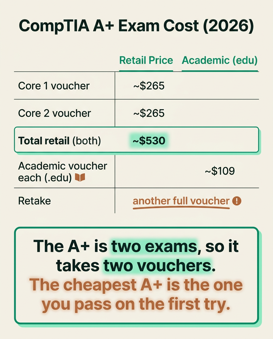 Infographic breaking down CompTIA A+ exam cost in 2026 across Core 1 and Core 2 vouchers, academic pricing, and retakes