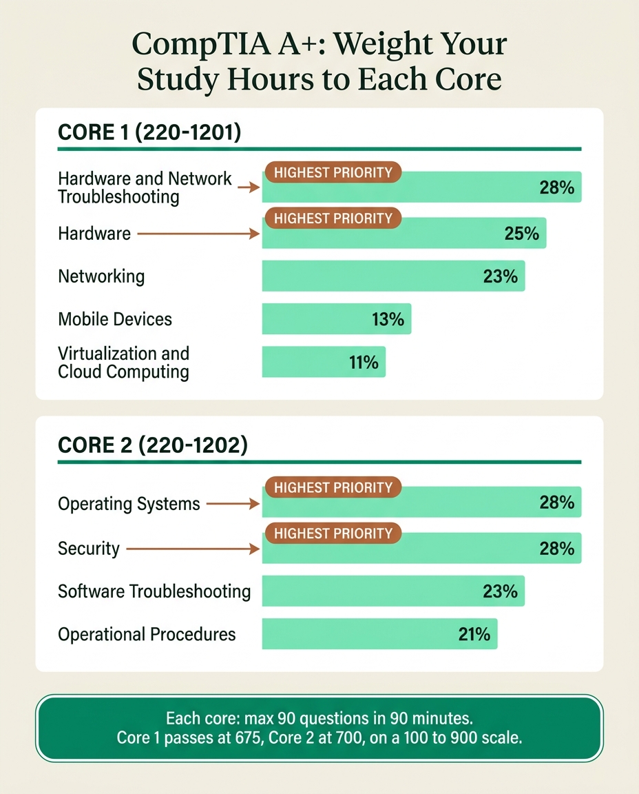 Infographic comparing CompTIA A+ Core 1 220-1201 and Core 2 220-1202 domain weightings used to build a weighted A+ study plan