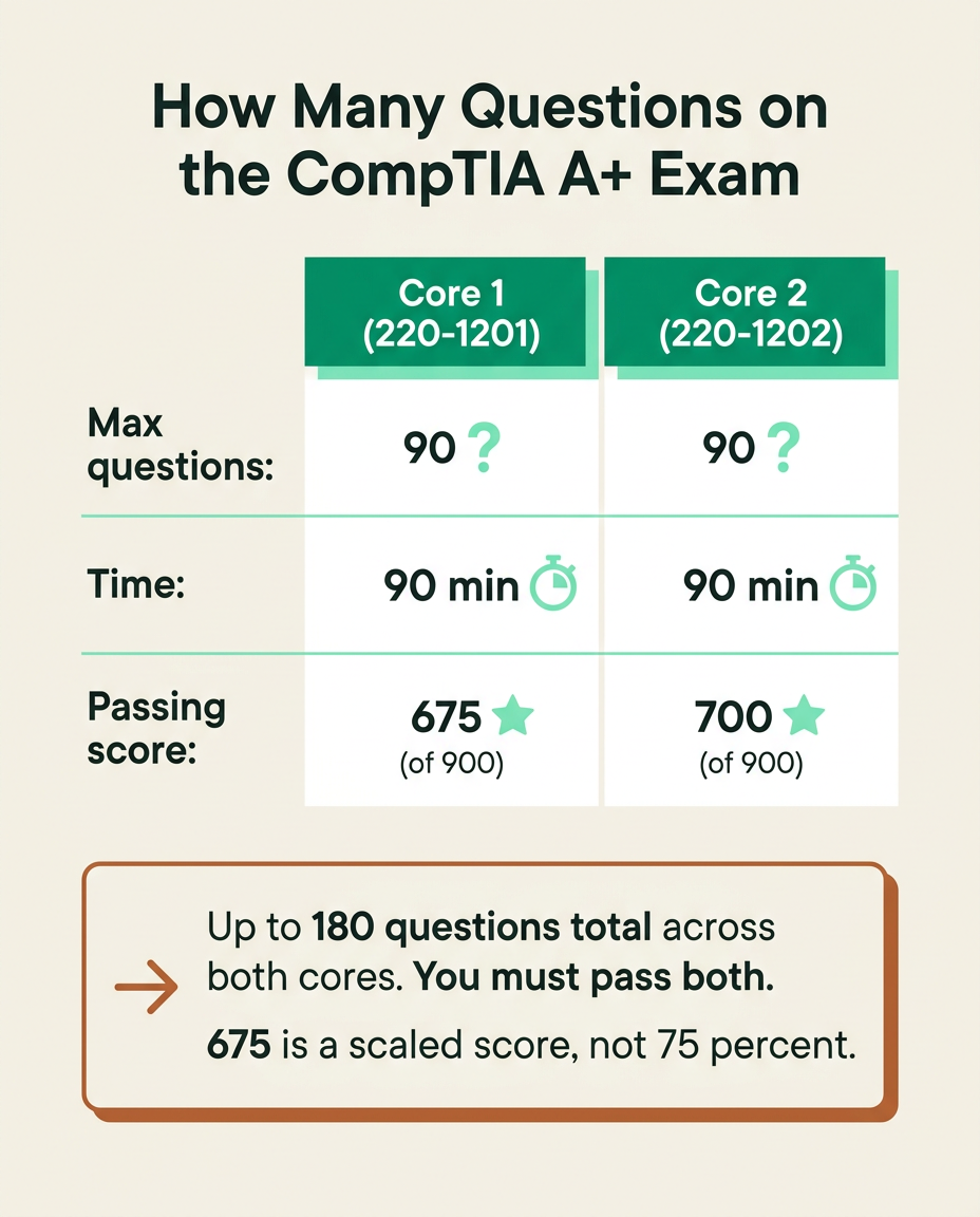 Infographic comparing CompTIA A+ Core 1 220-1201 and Core 2 220-1202 question counts, time limits, and passing scores