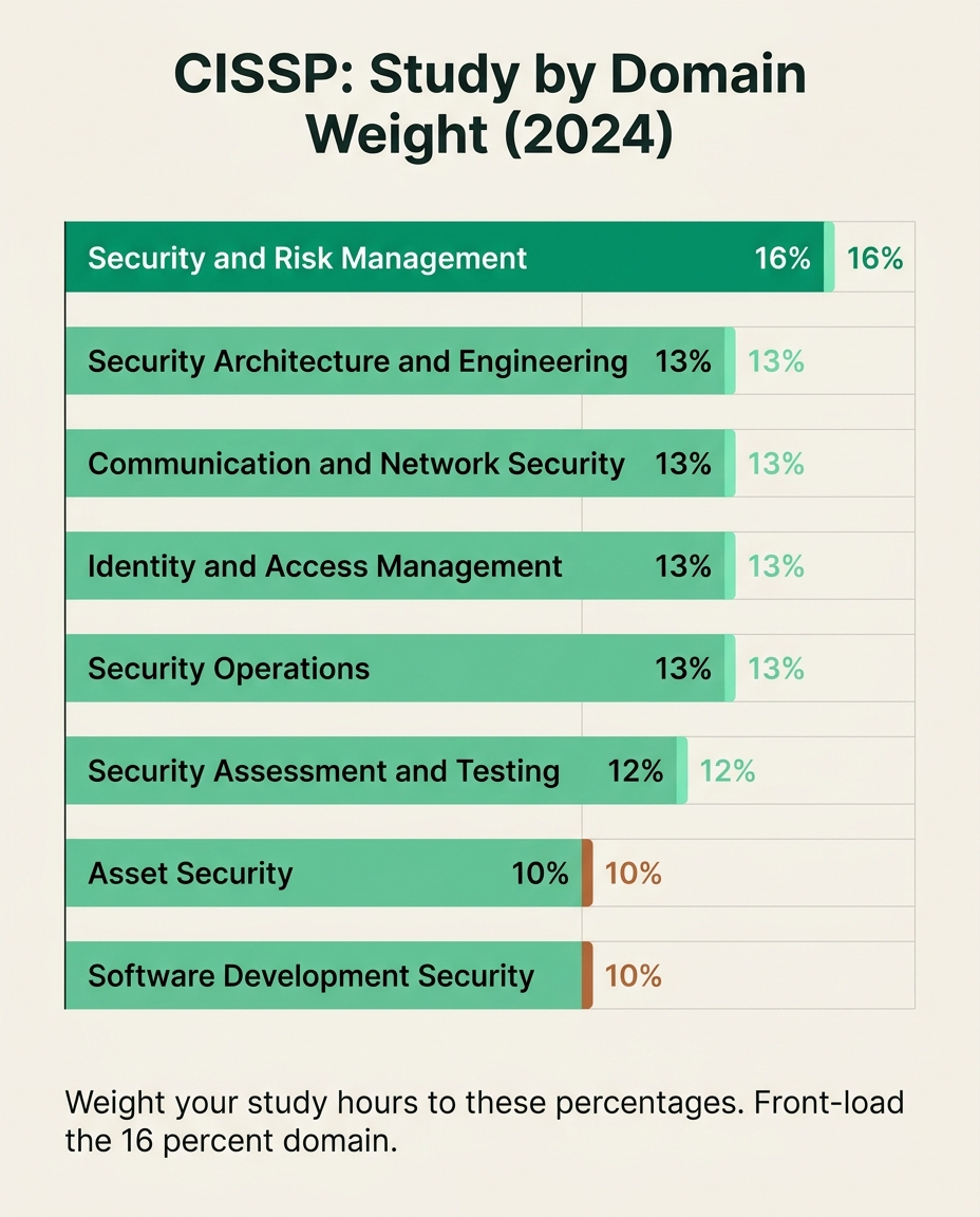 Infographic of the 8 CISSP domains and their 2024 weightings used to build a weighted CISSP study plan