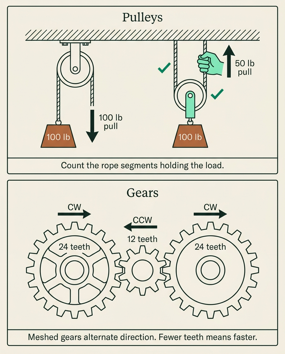 Mechanical aptitude test concept diagram showing a fixed pulley needing a 100 lb pull beside a movable pulley needing only 50 lb, and a three-gear train of 24, 12 and 24 teeth rotating clockwise, counter-clockwise and clockwise