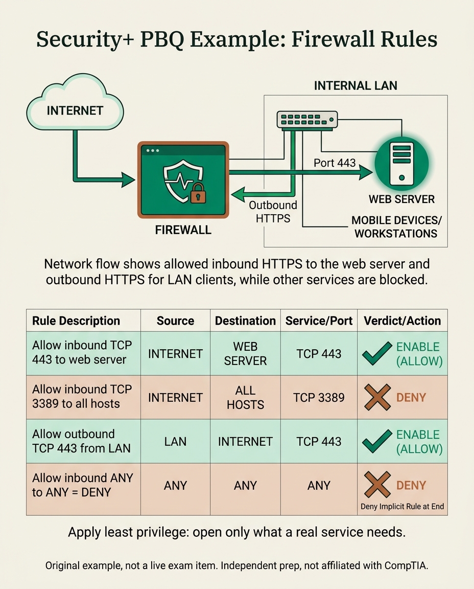 Original example of a Security+ SY0-701 performance-based question showing four firewall rules to enable or deny under least privilege