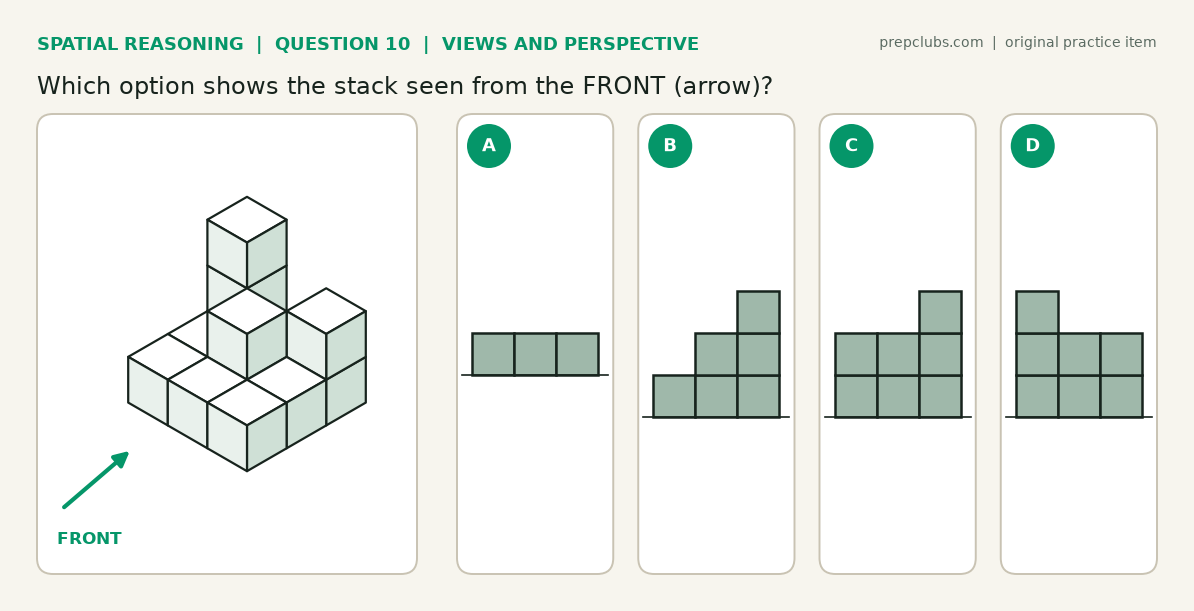 Views and perspective question: isometric stack of cubes with a front arrow and four candidate front views