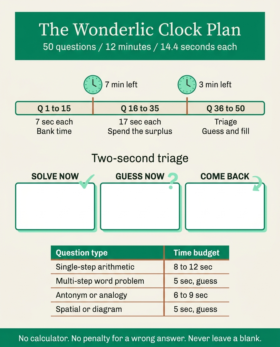 Wonderlic Zeitplan-Infografik, die die 50 Fragen in 12 Minuten zeigt, aufgeteilt in Q1 bis 15 mit je 7 Sekunden, Q16 bis 35 mit je 17 Sekunden und Q36 bis 50 als Triage, mit der Zwei-Sekunden-Triage-Regel und einer Zeitbudget-Tabelle pro Fragetyp