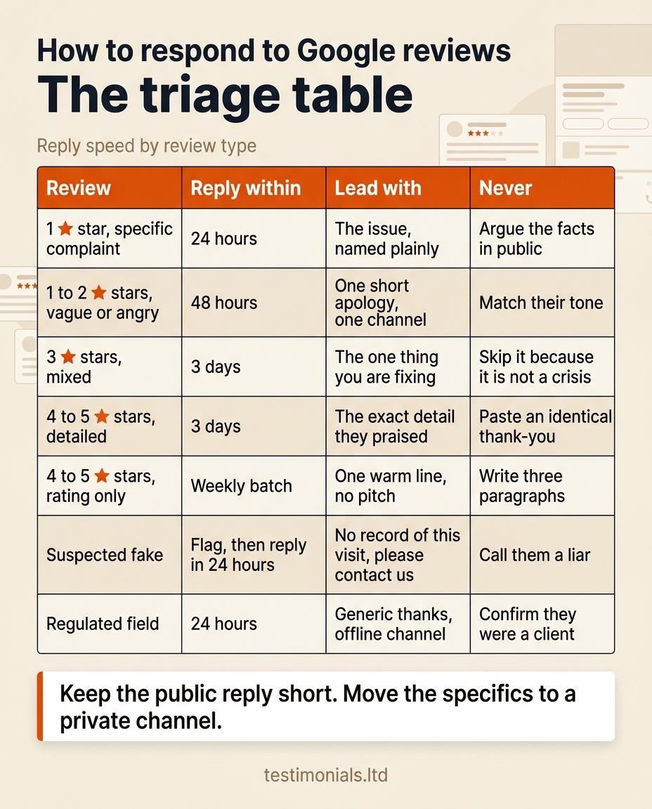 Google review response triage table showing seven review types with reply speed and what to lead with: 1 star specific complaint within 24 hours, 1 to 2 stars vague within 48 hours, 3 stars mixed within 3 days, 4 to 5 stars detailed within 3 days, 4 to 5 stars rating only in a weekly batch, suspected fake flagged then replied to in 24 hours, and regulated fields within 24 hours