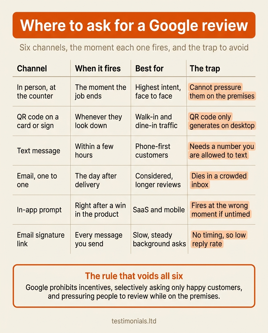 Infographic titled Where to ask for a Google review, showing six channels with when each fires, what it is best for, and its trap: in person at the counter, QR code on a card or sign, text message, one to one email, in-app prompt, and email signature link, with a callout that Google prohibits incentives, selectively asking only happy customers, and pressuring people to review on the premises