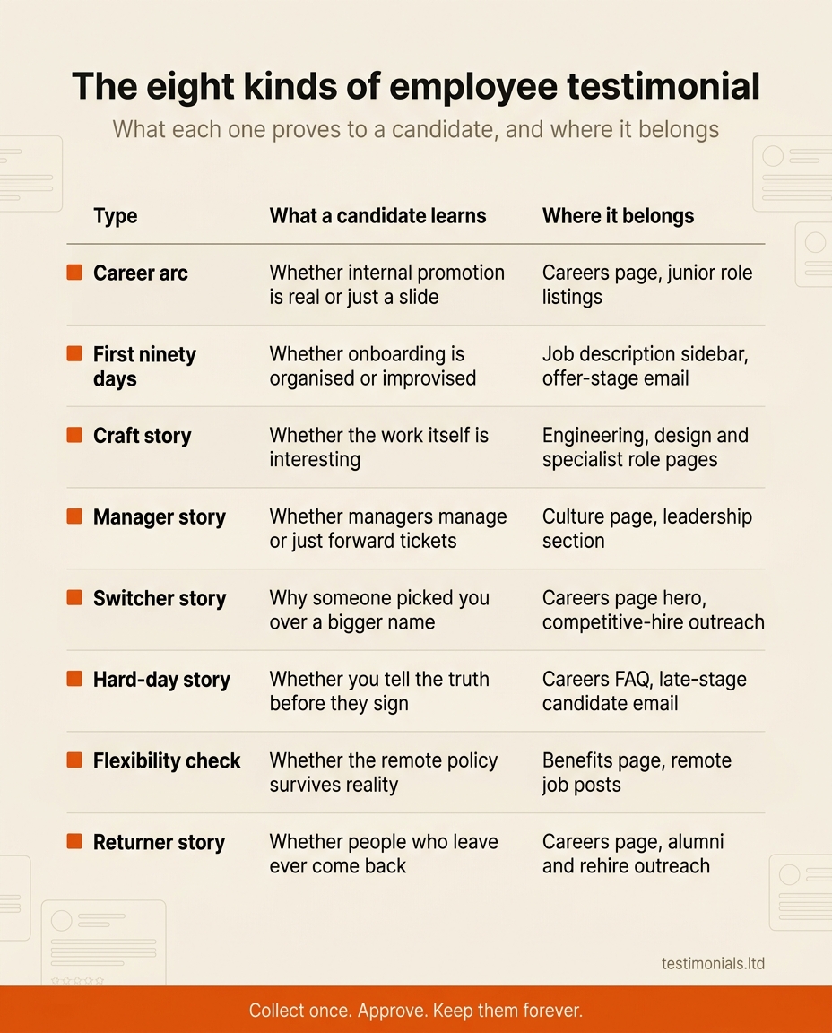 Lookup table of the eight kinds of employee testimonial: career arc, first ninety days, craft story, manager story, switcher story, hard-day story, flexibility check and returner story, each mapped to what a candidate learns and where it belongs on a careers site