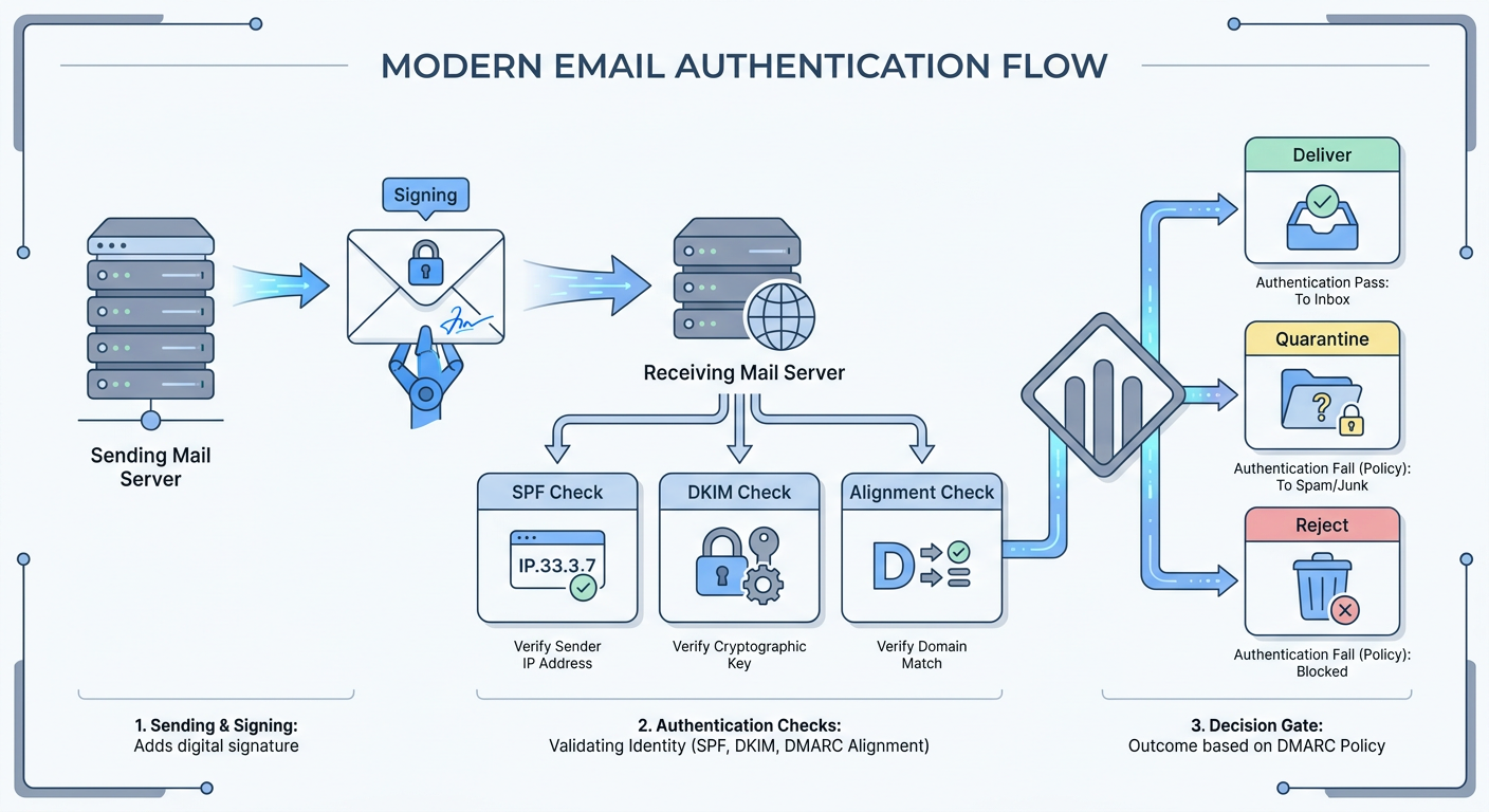 Diagram of the SPF DKIM and DMARC email authentication flow, showing a sending server signing a message, a receiving server checking SPF DKIM and alignment, and the DMARC policy deciding deliver, quarantine, or reject