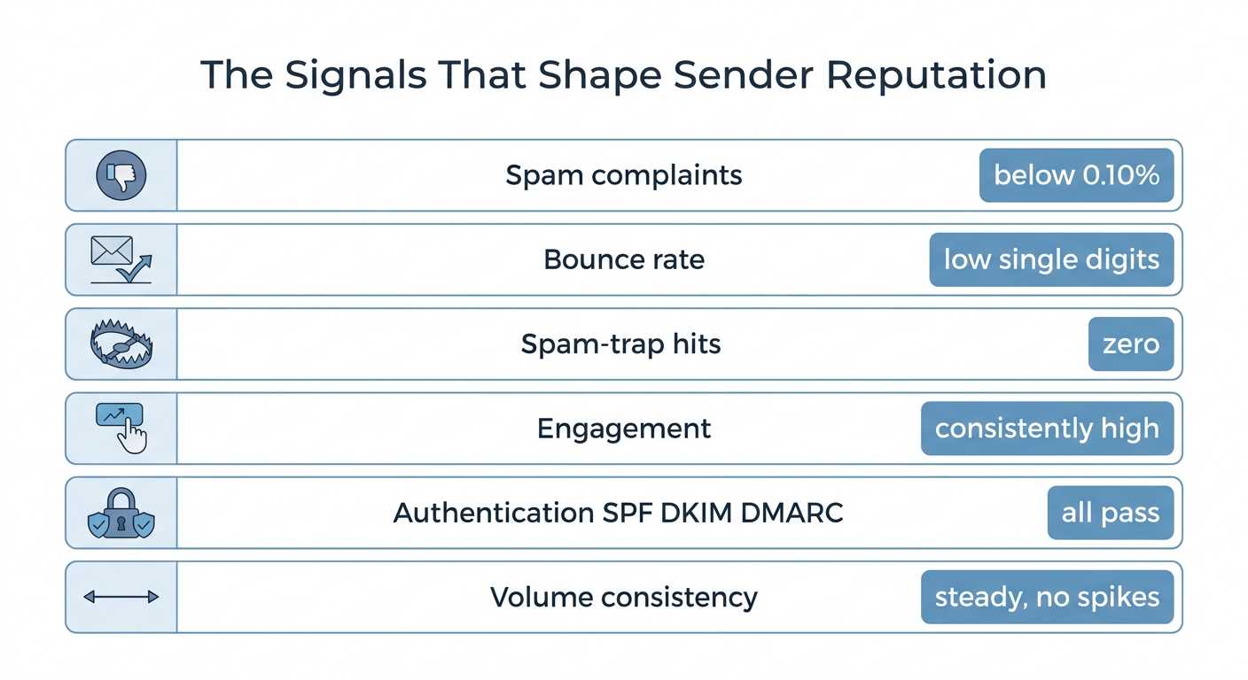 Infographic ranking the six signals that shape sender reputation, each with a healthy target: spam complaints below 0.10 percent, low bounce rate, zero spam-trap hits, high engagement, passing authentication, and steady volume