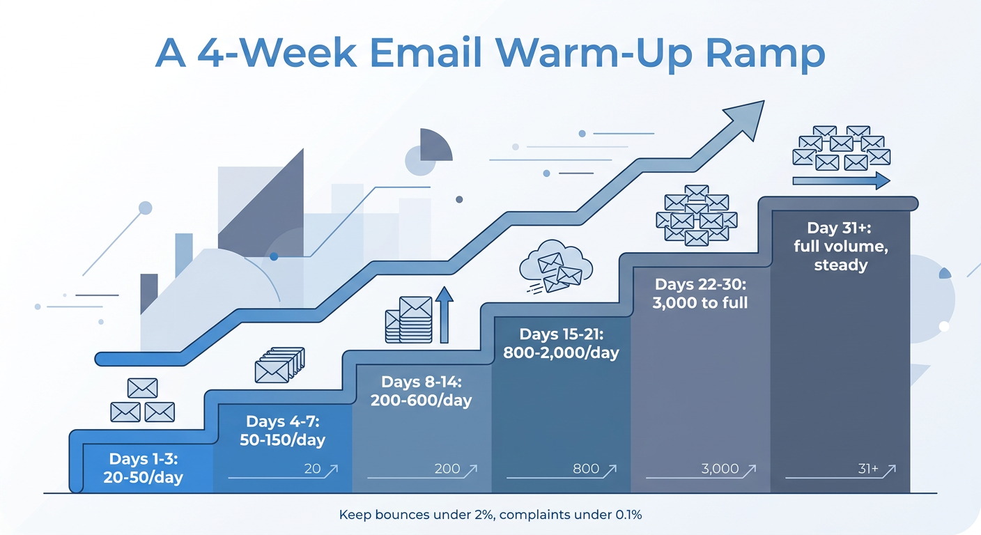 Staircase infographic of a four-week email warm-up ramp, showing daily send volume climbing step by step: 20 to 50 a day on days 1 to 3, 50 to 150 on days 4 to 7, 200 to 600 on days 8 to 14, 800 to 2,000 on days 15 to 21, 3,000 up to full on days 22 to 30, and full steady volume from day 31, with a reminder to keep bounces under 2 percent and complaints under 0.1 percent