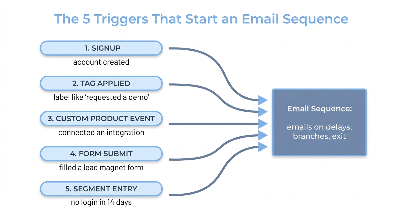 The five triggers that start an email sequence, converging into one sequence with delays and branches