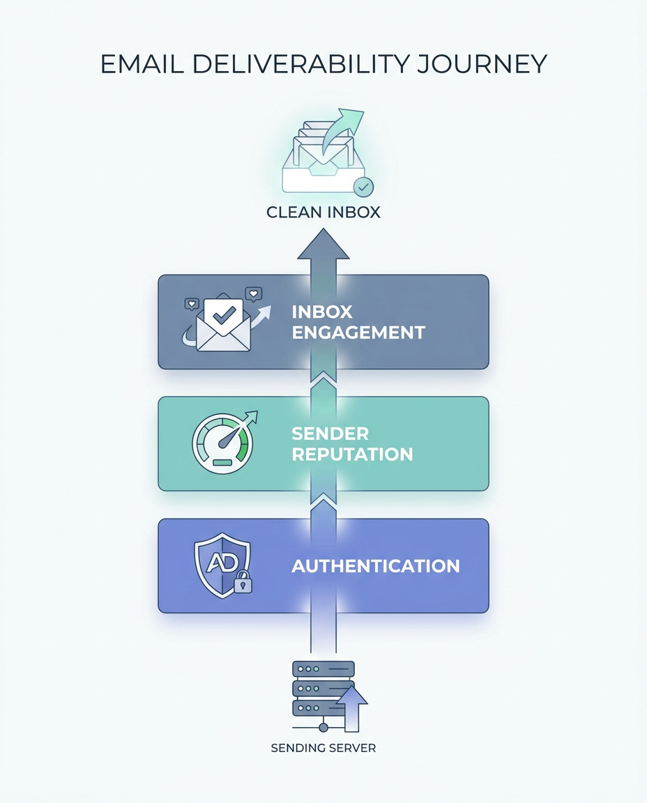 Three-layer diagram of email deliverability: authentication foundation, sender reputation, and inbox engagement, shown as stacked bands leading from a sending server to the inbox