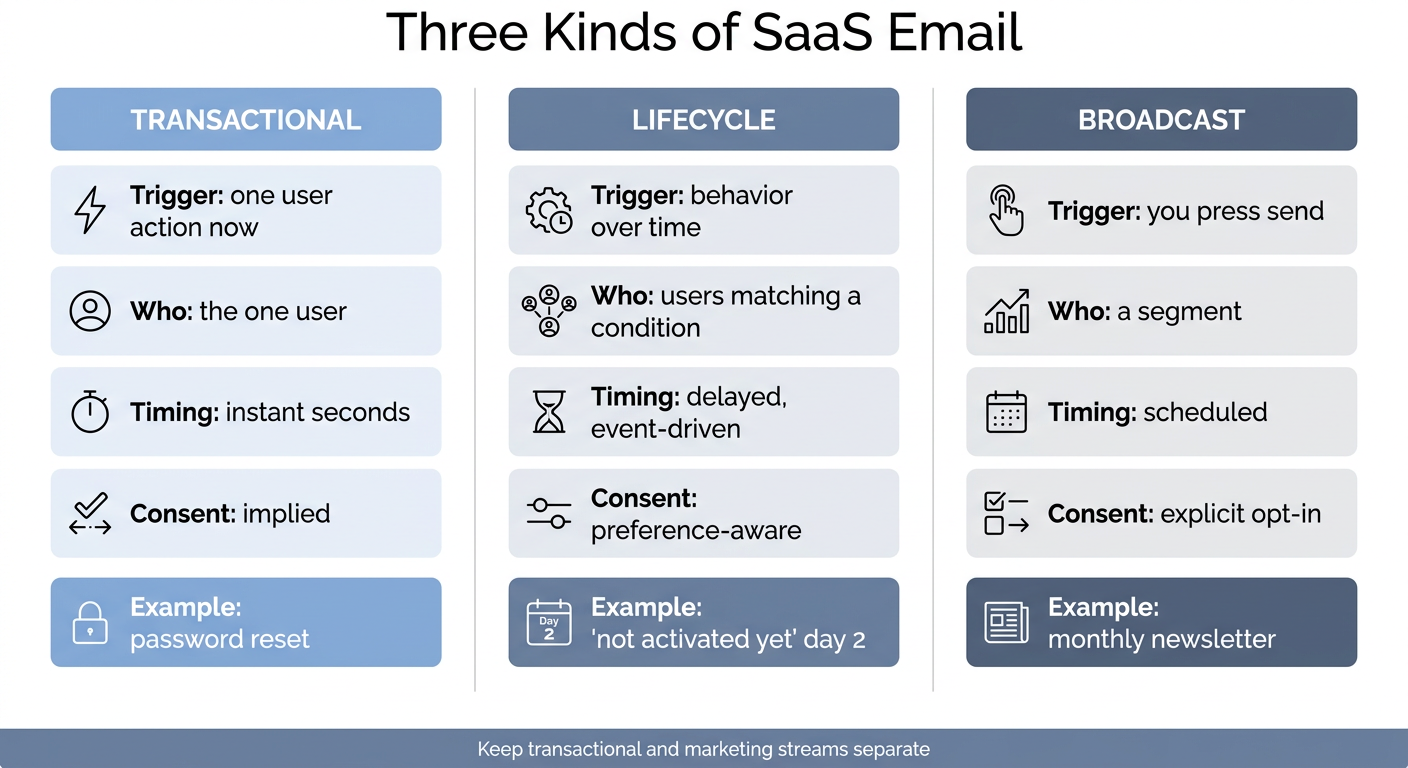 Transactional vs lifecycle vs broadcast email compared by trigger, audience, timing, and consent