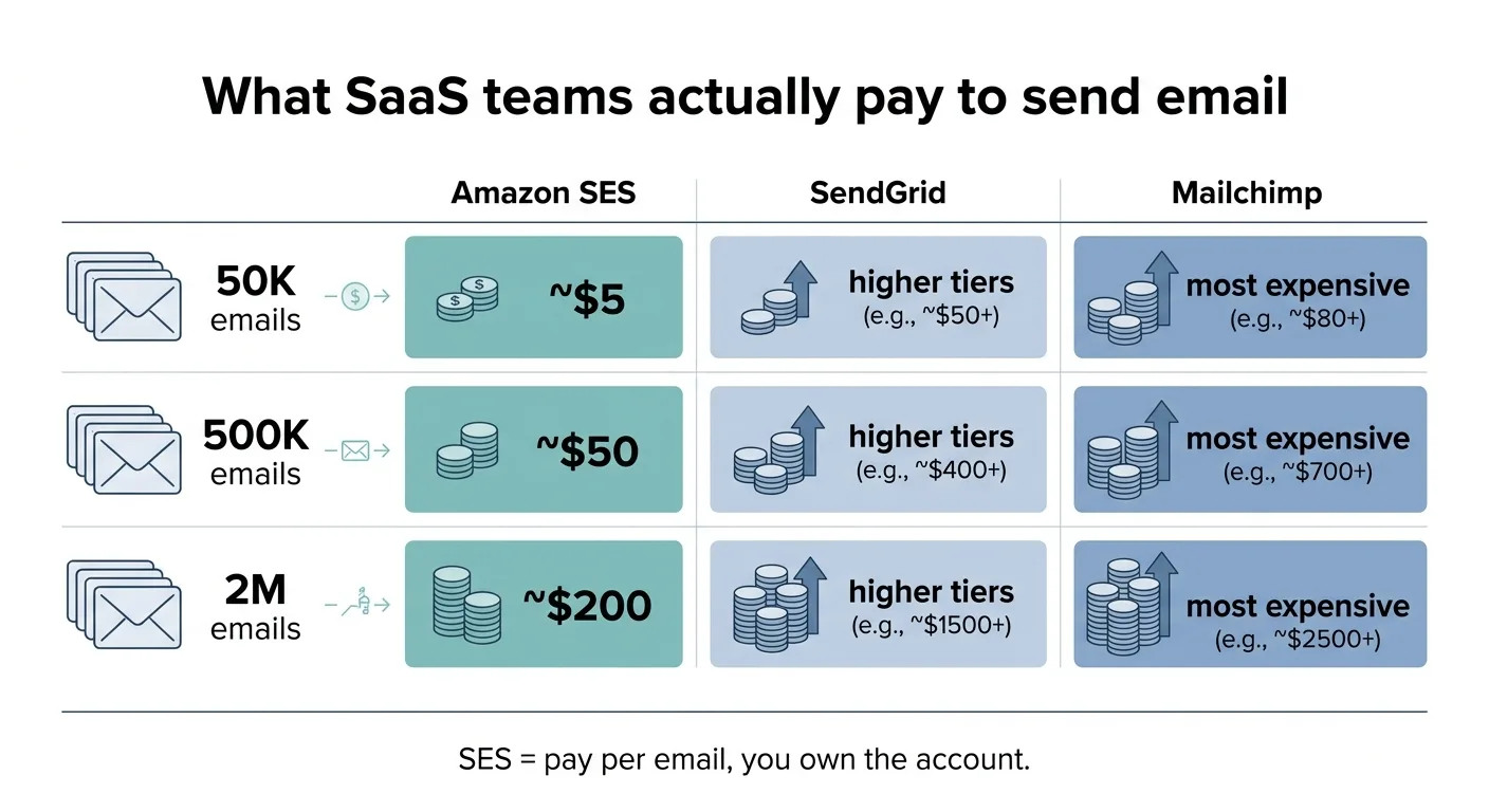 Cost comparison of what SaaS teams actually pay to send email on Amazon SES versus SendGrid and Mailchimp at 50K, 500K, and 2M emails a month